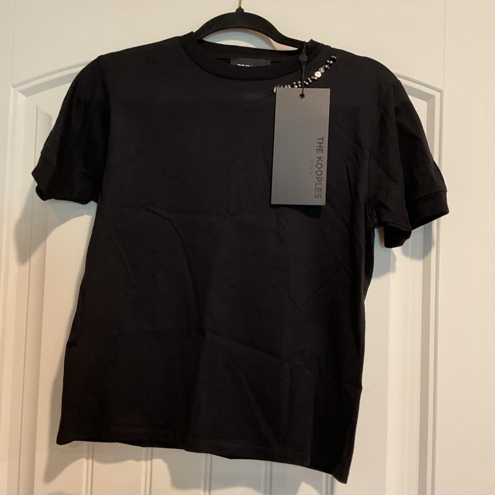 80. The Kooples Black T-shirt with Embellished Neck, Size Small.